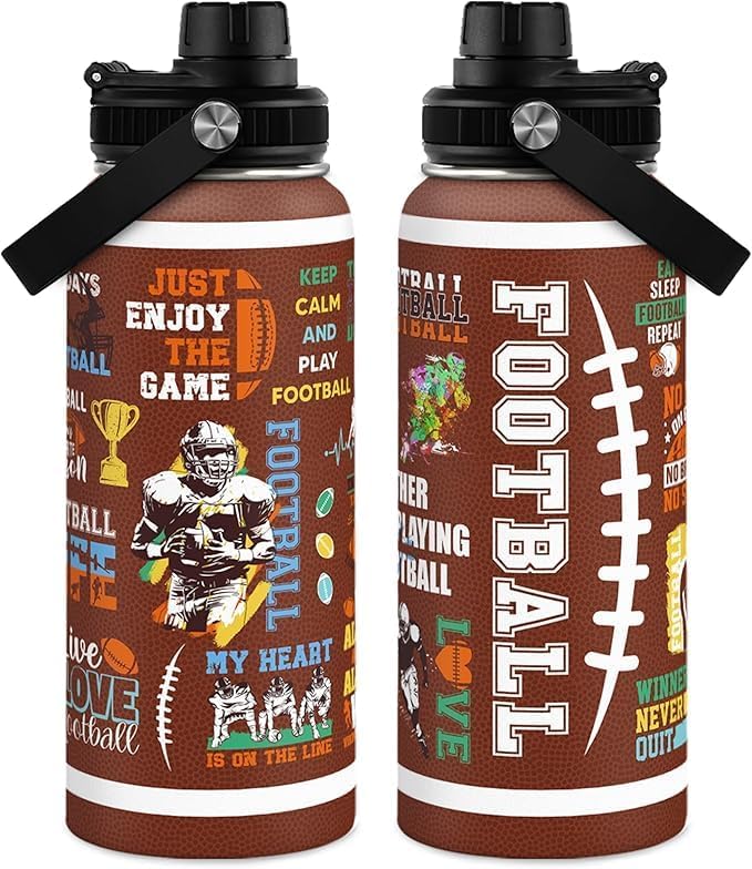 American Football Insulated Stainless Steel Water Bottle 32oz, Vacuum Chug Lid Travel Tumbler for Men Friends Dad Football Lovers Fans Coaches, Gift for Birthday Christmas Father's Day