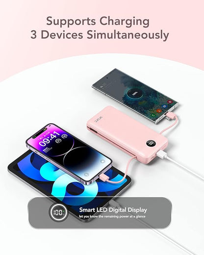 VRURC Portable Charger 20000mAh, Fast Charging Power Bank USB C,4 Output 2 Input Travel Essentials Charging Bank Equipped with LED Display,Built-in Wall Plug and Cables,Phone Charger Battery,Pink