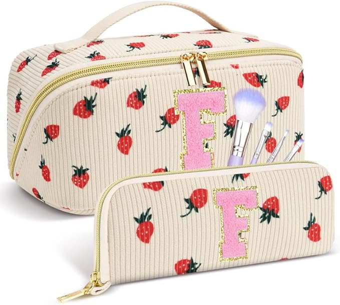 Personalized Travel Makeup Bag Set,Initial Travel Strawberry Makeup Organizer Bag,Toiletry Skincare Cosmetic Bag,Christmas Gifts for Women/Girls,Open Flat Toiletry Pouch with Brush Pocket-F