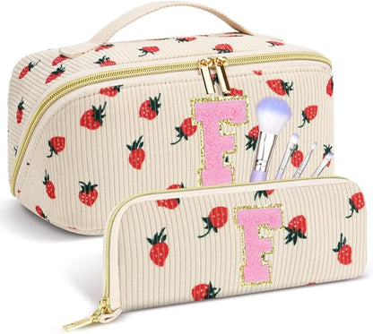Personalized Travel Makeup Bag Set,Initial Travel Strawberry Makeup Organizer Bag,Toiletry Skincare Cosmetic Bag,Christmas Gifts for Women/Girls,Open Flat Toiletry Pouch with Brush Pocket-F