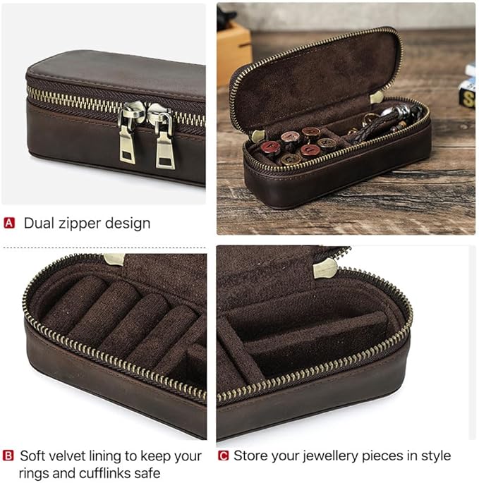 CONTACTS Crazy Horse Leather Cufflink Box for Men Travel Jewelry Storage Case Small Jewelry Organizer Padded Tray for Cufflinks Rings Earrings Studs