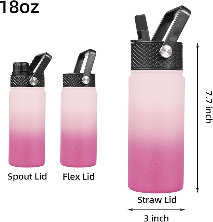 BJPKPK Insulated Water Bottles with Straw Lid, 18oz Stainless Steel Metal Water Bottle, Cold Hot Thermo with 3 Lids, Leak Proof BPA Free Travel Cup, Wide Mouth Flasks, Thermo -Cherry