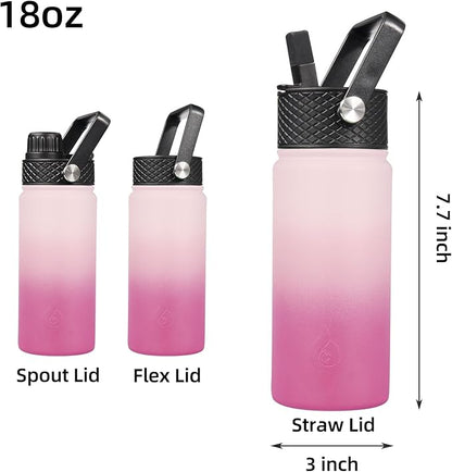 BJPKPK Insulated Water Bottles with Straw Lid, 18oz Stainless Steel Metal Water Bottle, Cold Hot Thermo with 3 Lids, Leak Proof BPA Free Travel Cup, Wide Mouth Flasks, Thermo -Cherry