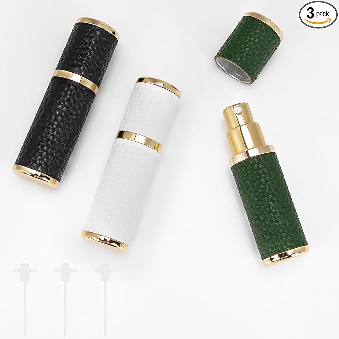 LUEXBOX 3 Pack Portable Perfume Bottle for Travel, Mini Refillable Perfume Dispenser, 5ml Faux Leather Leak Proof Perfume Atomizers Bottles Sprayer for Pocket Perfume (Black, White, Green)