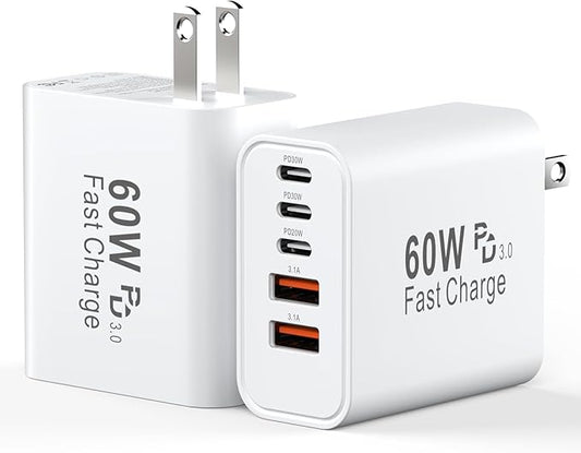 USB C Charging Blocks, 60W USBC Wall Fast Charger Block, Type C iPhone USB C Charger Fast Charging Brick, 5-Port Multiport Charger Plug Power Adapter for iPhone 17/16/15/14/13 Pro Max, iPad, GalaxyS25