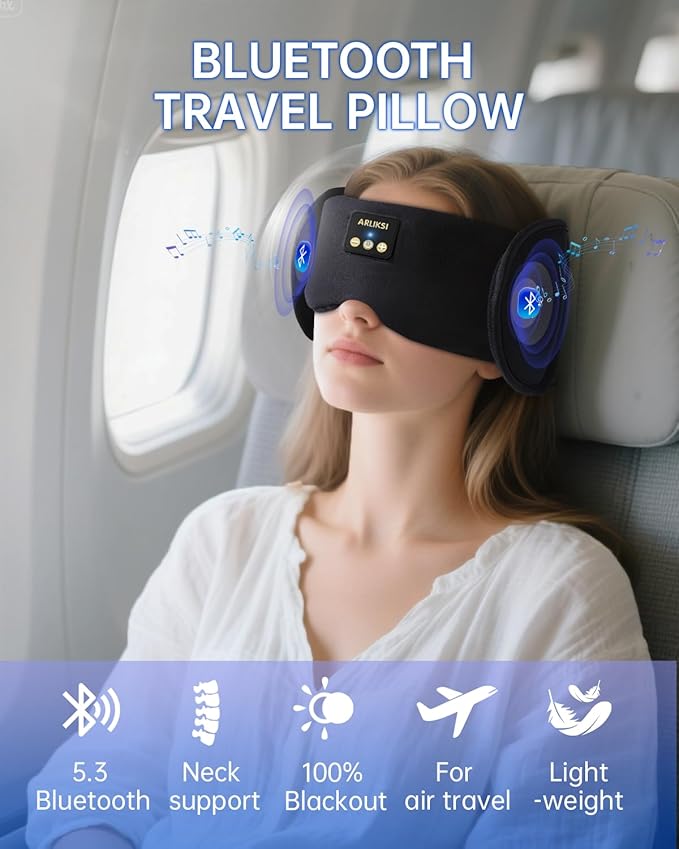 Airplane Pillow with Bluetooth Sleep Eye Mask, Travel Pillows for Airplanes Long Flight, Compact Plane Head Strap for Sleeping Upright 360° Support, Traveling Essentials to Secure Head & Neck (Black)