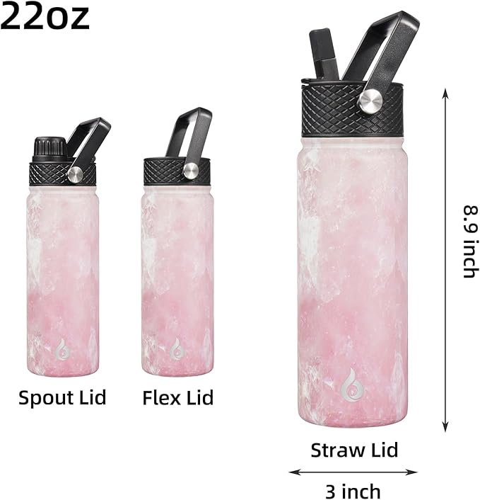 BJPKPK Insulated Water Bottles with Straw Lid, 22oz Cold & Hot Thermo, Stainless Steel Metal Water Bottle with 3 Lids, Reusable Thermo, Cups, Mugs for Daily Use-Blossom