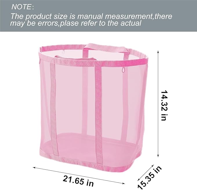 Mesh Bag with Handles, Collapsible Laundry Basket, Foldable Laundry Bag, Breathable Folding Beach Bag,Space-saving Travel Tote Bags (2, Pink)