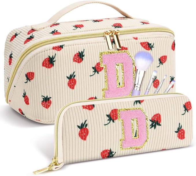 Personalized Travel Makeup Bag Set,Initial Travel Strawberry Makeup Organizer Bag,Toiletry Skincare Cosmetic Bag,Christmas Gifts for Women/Girls,Open Flat Toiletry Pouch with Brush Pocket-D
