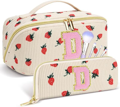 Personalized Travel Makeup Bag Set,Initial Travel Strawberry Makeup Organizer Bag,Toiletry Skincare Cosmetic Bag,Christmas Gifts for Women/Girls,Open Flat Toiletry Pouch with Brush Pocket-D
