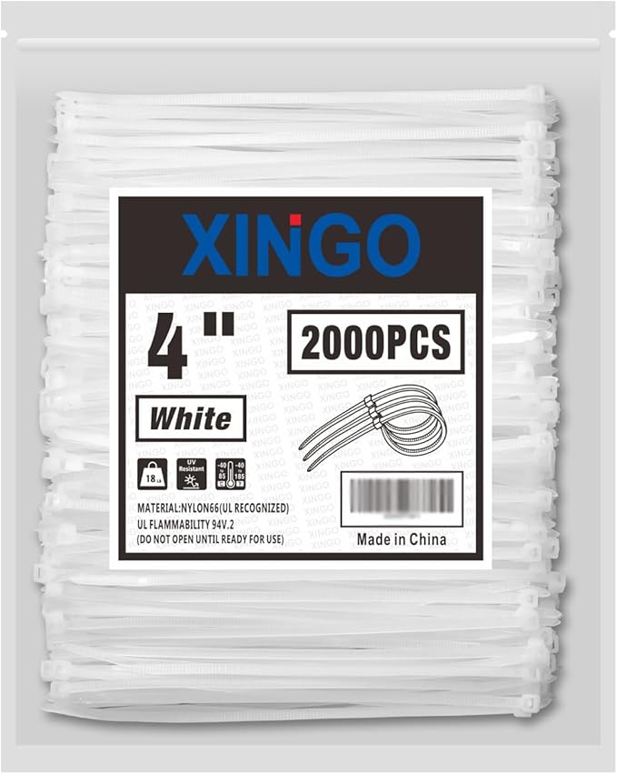 XINGO White Zip Ties 4 Inch 2000 Pack,Small Zip Ties with 18lbs Tensile Strength, Self-Locking Nylon PA66 Cable Ties for Electronics Organizer, Home Office Garage Multiple Use