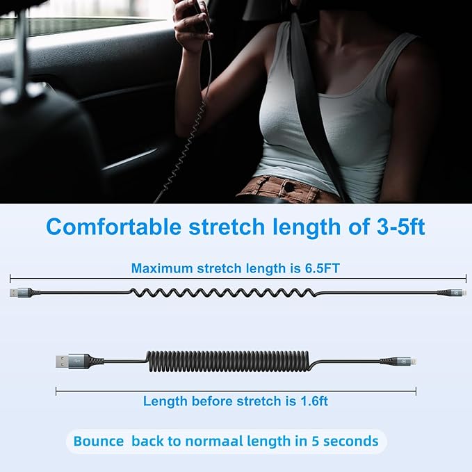 iPhone Charger Cable 6FT for Car, Coiled Lightning Cable [Apple MFi Certified] 2 Pack 6 Feet Lightning Cord Compatible with iPhone14 13/12/11 Pro Max/XS MAX/XR/XS/X/8/7/Plus/6S iPad/iPod - Black