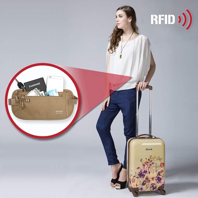 DAITET Money Belt - Passport Holder Secure Hidden Travel Wallet with RFID Blocking, Undercover Fanny Pack (Beige)