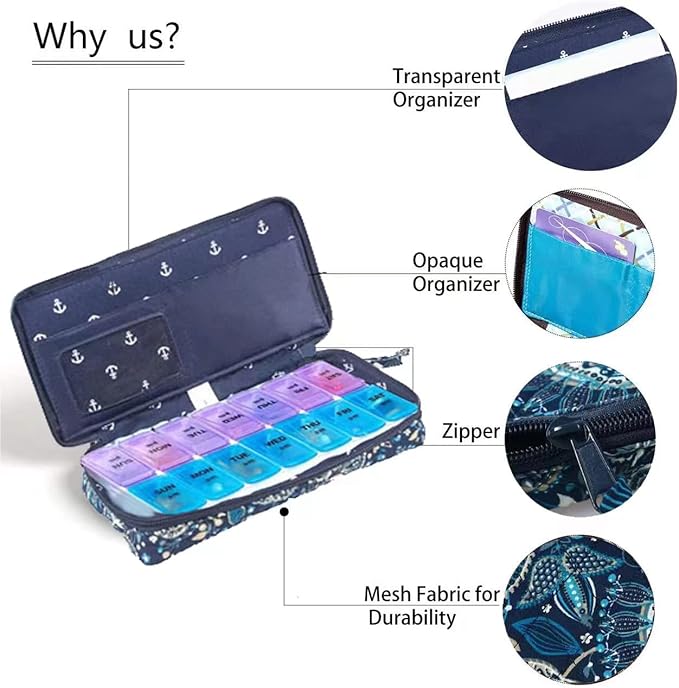 Weekly Pill Organizer 2 Times a Day, Zumd Pill Box 7 Day with Cute Quilted Fabric Zipper Case, Travel Pill Case Am Pm for Vitamin Medicine Organizer