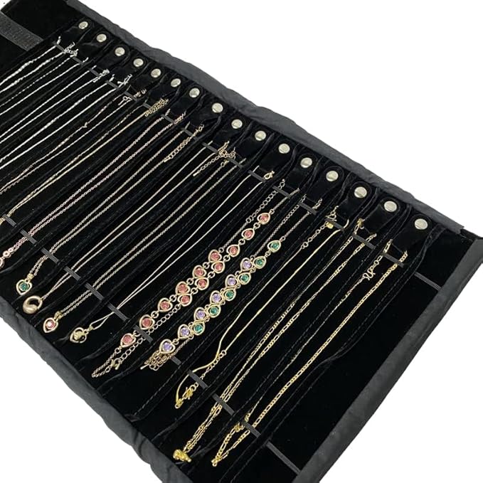 Portable Jewelry Roll Untangled Secure Necklace Travel Storage Bag Displays Holder 16 Chain (black PU and velvet)