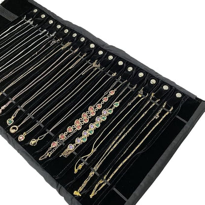 Portable Jewelry Roll Untangled Secure Necklace Travel Storage Bag Displays Holder 16 Chain (black PU and velvet)