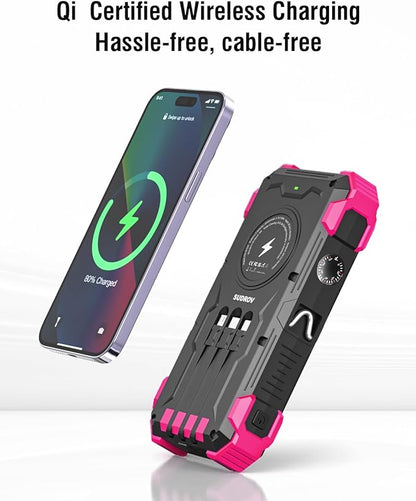 Solar Charger Power Bank, 42800mAh Wireless Portable Charger with USB-C in/Output, QC3.0 Fast Charging 15W 4 Ports Outdoor Battery Pack Built-in Dual Led Flashlights for iPhone Samsung etc Red