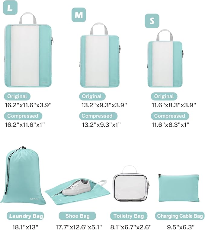Gonex 8 Set Compression Packing Cubes for Travel, Expandable Mesh Packing Organizer for Travel Accessories Essentials with Toiletry Bag, Laundry Shoe Cable Bag for Suitcases, Grey Blue-green