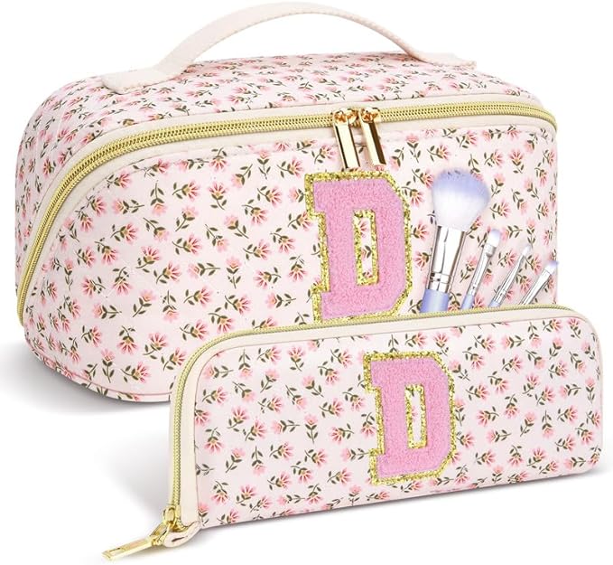 Personalized Travel Makeup Bag Set,Initial Travel Cute Floral Makeup Organizer Bag,Toiletry Skincare Cosmetic Bag,Christmas Gifts for Women/Girls,Open Flat Toiletry Pouch with Brush Pocket-D