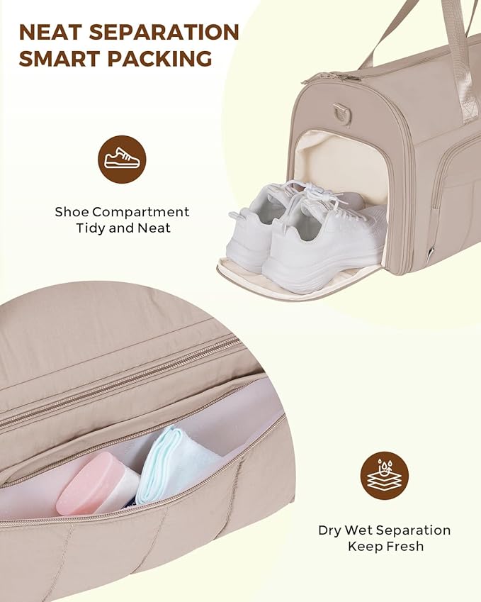 WANDF Convertible Garment Bags for Travel with Wet Pocket Carry on Garment Duffle Bag 2 in 1 Puffy Hanging Clothes Travel Bags with Shoe Compartment for Airplanes Business Weekend Gym Wedding (Khaki)