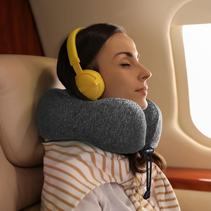 napfun Neck Pillow for Traveling, Upgraded Travel Neck Pillow for Airplane 100% Pure Memory Foam Travel Pillow for Flight Headrest Sleep, Portable Plane Accessories, Full Grey