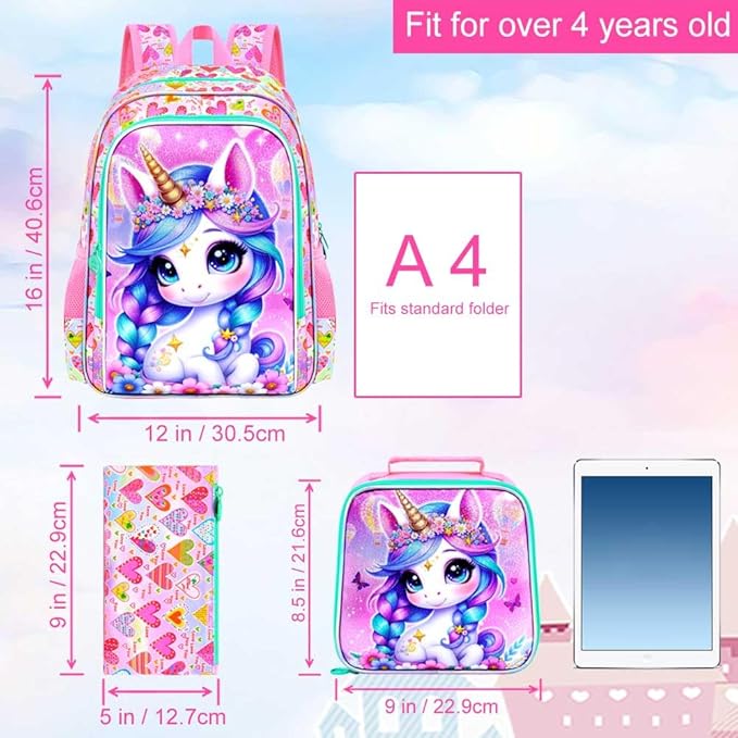 WZLVO 3PCS Kids Backpack for Girls, Unicorn Dinosaur Animal Prechool Elementary Kindergarten School Bookbag with Lunch Box