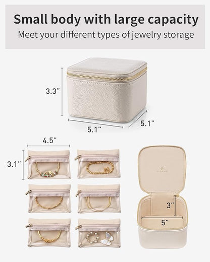 Vlando Small Jewelry Box Organizer,Travel Jewelry Storage with 6 Velvet Jewelry Zipper Pockets,Travel Jewelry Case Valentines Gifts Birthday Gifts for Women Girls (White)