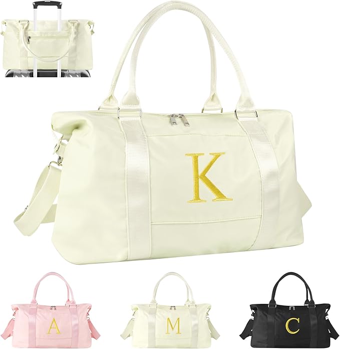 Personalized Initial Gym Dance Bag, Travel Duffel Bag for Teen Girls, Carry On Bag Overnight Weekender Bag with Trolley Sleeve, Birthday Gifts for Women Mom Daughter Graduation Gift(Letter K, Beige)