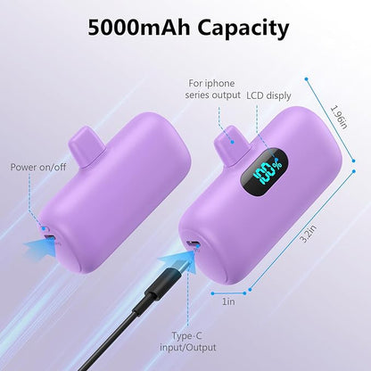 Mini Portable Charger for iPhone,Upgraded 5000mAh PD Fast Charging Battery Pack,LCD Display Cute Power Bank Portable Phone Charger for iPhone 14/14 Pro Max/13/13 Pro/12 Pro/11/XS/XR/X/8/7/6-Purple