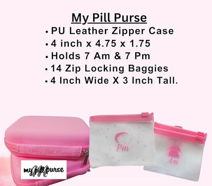 Pink Day and Night Pill Wallet w/Zipper, PU Leather Pill Case 5.5 X 4 x1.75 Inch, Includes14 AM PM Pill Organizer 7 Day Small Pill Bags of 3x4 Inch, Pill Pouches for Medicine or Supplements