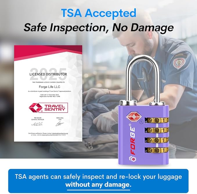 Forge Dual-Opening: Key or Combination Access Lock, TSA Approved Locks for Luggage, Pelican case, Travel, Gym, School, Stainless Steel Shackle. (Purple, 2 Pk)