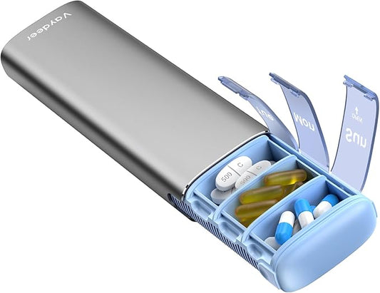 Vaydeer Metal Travel Pill Organizer, 7 Day Weekly Pill Box, Large Capacity Daily Cute Pill Case for Supplements, Pills, Vitamins and Medication (Small,Gray)