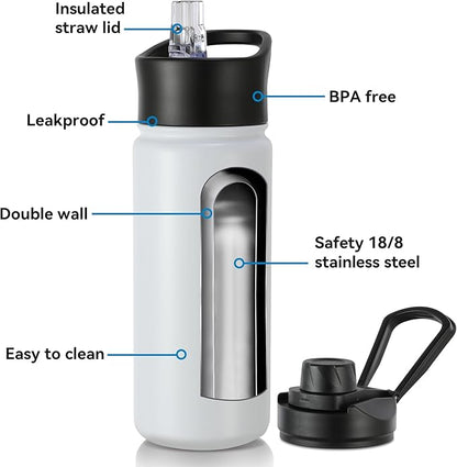 16 oz Insulated Water Bottle with Straw Lids, Stainless Steel Kids Water Bottles for School, Double Wall Vacuum Metal Water Bottle with Straw & Wide Mouth Lid, Polar 8 Pack