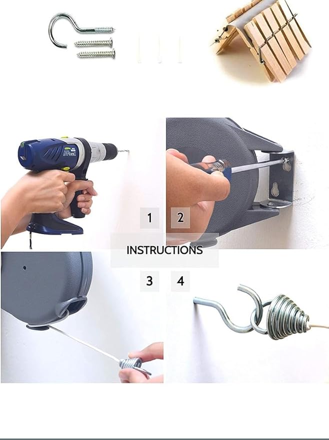 RE-Tract Retractable Clothesline Indoor and Outdoor with Wall Mount/Mounting Bracket – Clothes Drying Rack – Hang Wet Clothing (Grey, 12 Meters)