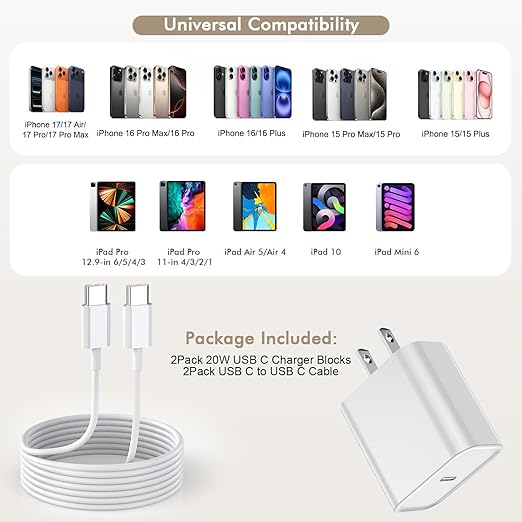 iPhone 16 15 Charger Fast Charging, 2Pack 10FT Extra Long USBC to C Cable Cord with 20W Apple iPad USB C Fast Charger USB C Wall Charger Block for iPhone 16/16 Plus/16 Pro/16 ProMax/15/15 ProMax/iPad