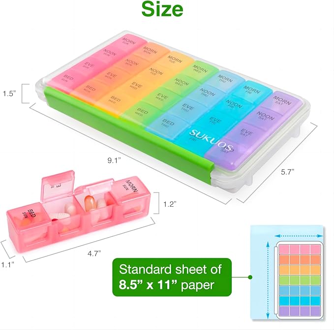 Sukuos Large Weekly Pill Organizer 7 Day (4 Times a Day), Moisture-Resistant Daily Pill Box Medicine Cases for Vitamin/Fish Oil/Supplements - Rainbow Colors