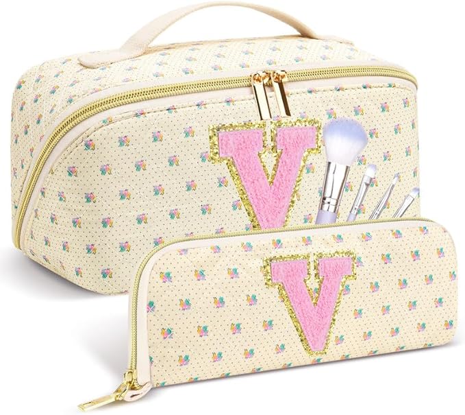 Personalized Travel Makeup Bag Set,Initial Travel Cute Floral Makeup Organizer Bag,Toiletry Skincare Cosmetic Bag,Christmas Gifts for Women/Girls,Open Flat Toiletry Pouch with Brush Pocket-V