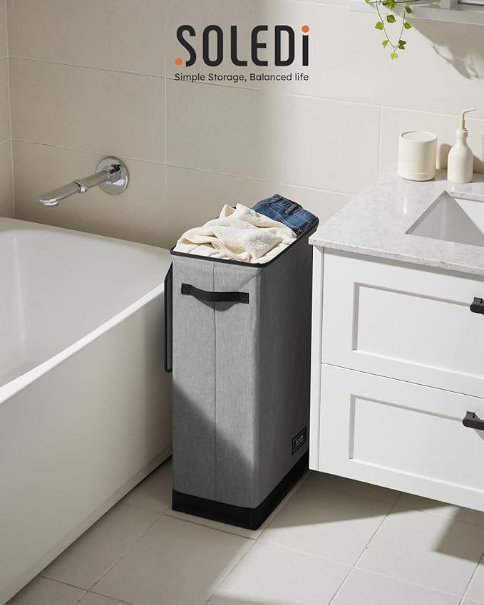SOLEDI Slim Laundry Hamper with Lid, Narrow Laundry Basket with Removable Bags, Dirty Clothes Hamper with handle, Small Hamper perfect for Laundry room, Bathroom, Bedroom, Small spaces. 70L Grey