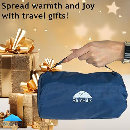 BlueHills Ultra Compact Travel Blanket Pillow in Portable Bag Case with Hand Luggage Belt & Backpack Clip Premium Cozy Soft Compact Pack Large Blanket for Airplane Flight Layover - Navy Blue C001