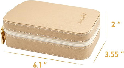 Small Travel Jewelry Organizers Box for women with PU Leather Portable Mini Jewelry Case with compartments for Necklace Rings Earrings,Luxury Giftable boxes. (Champagne, M)