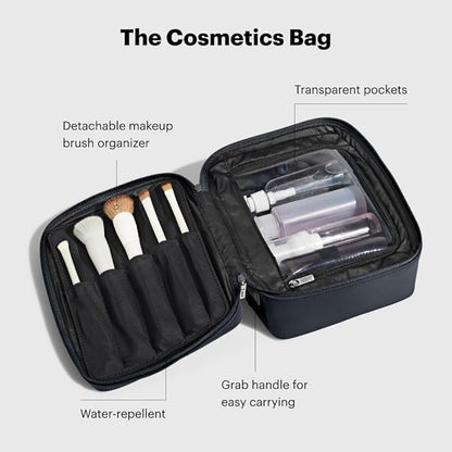 Away Cosmetics Bag, Makeup Bag with Detachable Brush Roll, Waterproof, Clear Zip Pockets, Travel Friendly, Jet Black