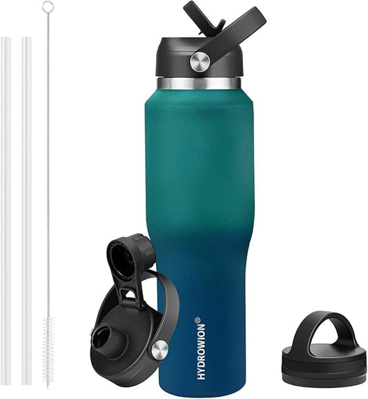 HYDROWION Water Bottle Stainless Steel,Vacuum Insulated Leak Proof Tumbler 32oz with Straw Lid, Spout Lid and Flex Cap(Cold for 48 Hrs, Hot for 24 Hrs), Fit in Any Car Cup Holder, Green - Blue