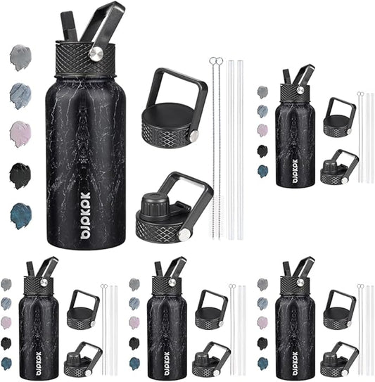 BJPKPK Insulated Water Bottles with Straw Lid, 27oz Stainless Steel Water Bottle with 3 Lids, Leak Proof BPA Free Metal Thermos Mug, Sports Water Bottle Keep Cold & Hot- Midnight (Pack of 5)