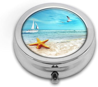 Pill Box,Beach Starfish Round Pill Box 3 Compartment Decorative Pocket Purse Portable Mini Travel Medicine Tablet Vitamin Holder Organizer Pill Case