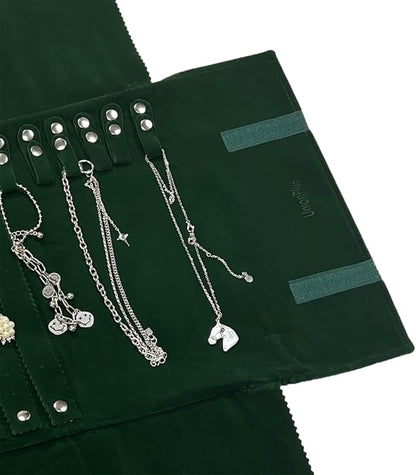 UnionPlus Velvet Jewelry Case Roll Bag for Necklace Bracelet Earrings Rings Multi-compartments, Great Jewelry Organizer for Travel, Blackish Green