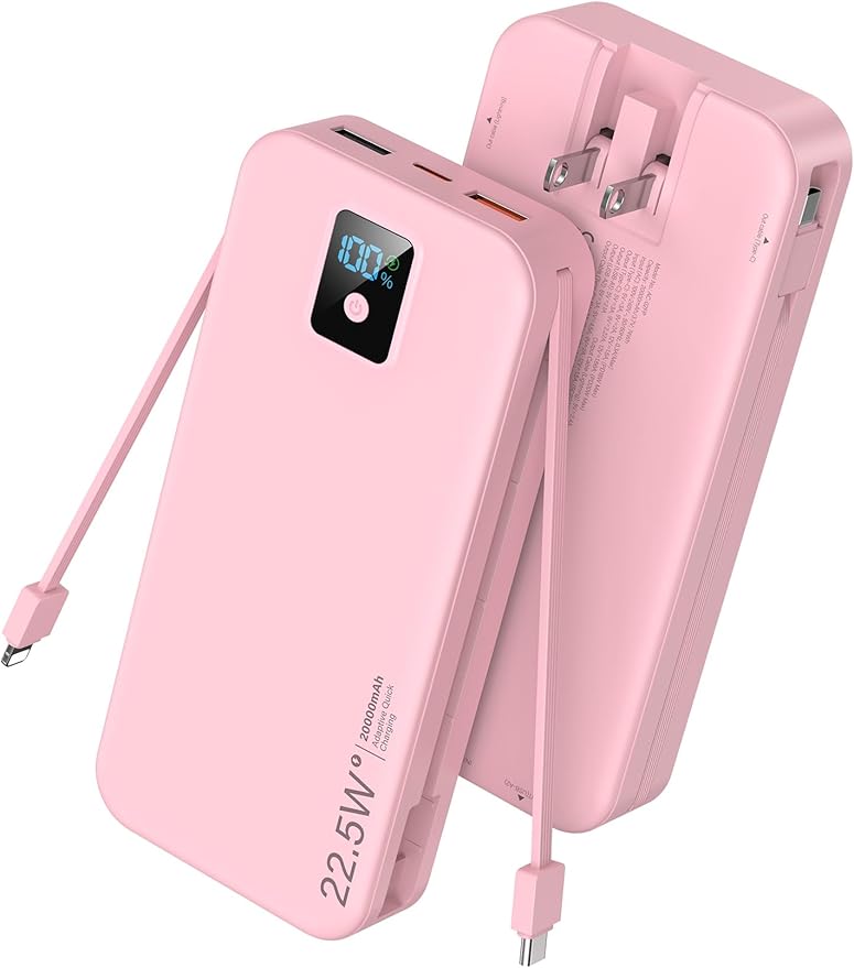 Portable Charger, 20000mAh 22.5W Fast Charging Power Bank with Built-in Cables & Wall Plug, Travel Essentials Battery Pack with LED Display, USB C External Battery Bank for iPhone iPad, Samsung Pink
