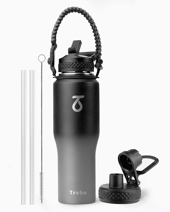 Trebo Water Bottle 32oz with Paracord Handle,Food-grade Double Wall Vacuum Stainless Steel Insulated Tumbler Flask with Straw Spout Lids,Leakproof Keep Cold & Hot,Fit in Any Car Cup Holder,Dark Gray