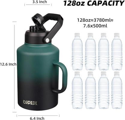 BJPKPK 1 Gallon Water Bottle with Handle, Large Dishwasher Safe 128oz Insulated Water Bottle, BPA Free Water Jug, Wide Mouth Metal Flasks with Anti-slip Bottom, Army Green & Black