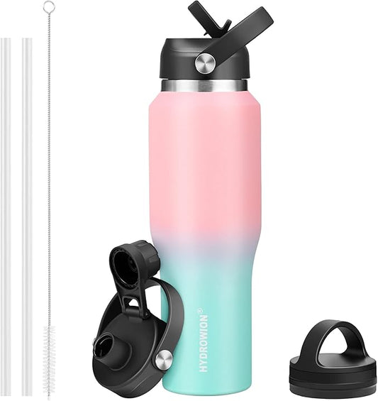 HYDROWION 32oz Water Bottle, Double Wall Vacuum Stainless Steel Insulated Water Flask with Straw Lid, Spout Lid and Flex Cap(Cold for 48 Hrs, Hot for 24 Hrs), Leakproof Travel Thermo Mug, Pink&Blue