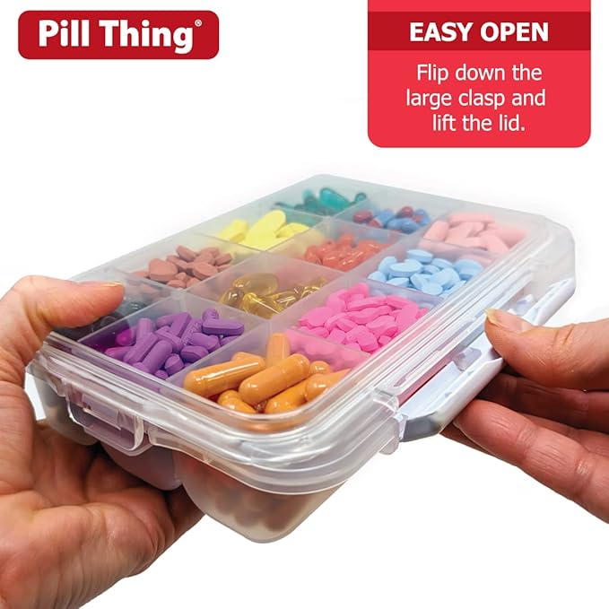 12 Compartment Large Pill Case with Airtight Seal - Silicone Gasket Waterproof Med Box with Medication Map (Clear, 1 Pack)